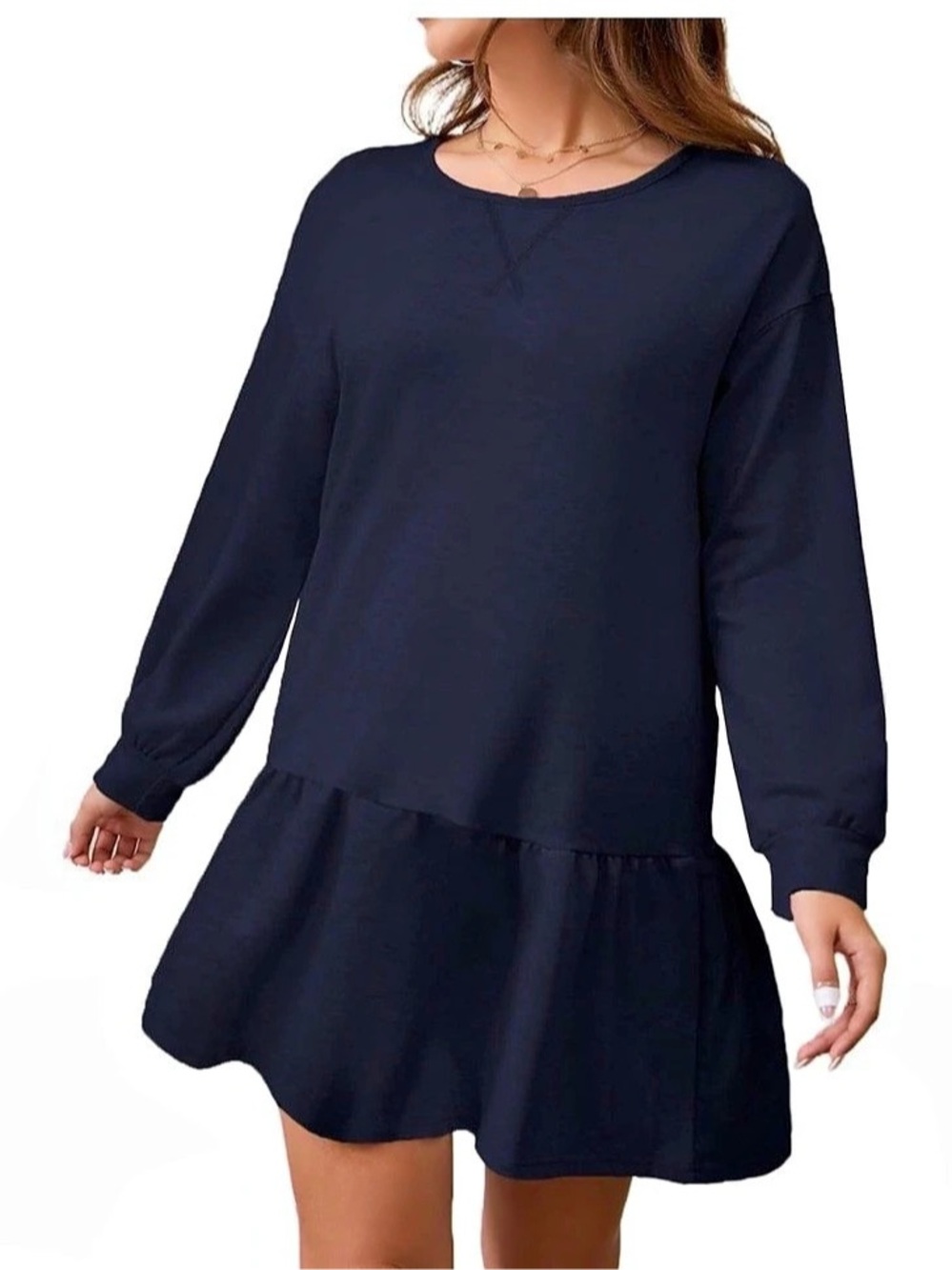 Long Sleeve Sweatshirt Dress Drop Waist Pleated Ruffle Hem Black XL